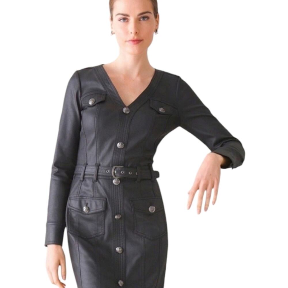 White House Black Market Black Long Sleeve Coated Denim Shirt Dress size 14 New - Picture 2 of 11